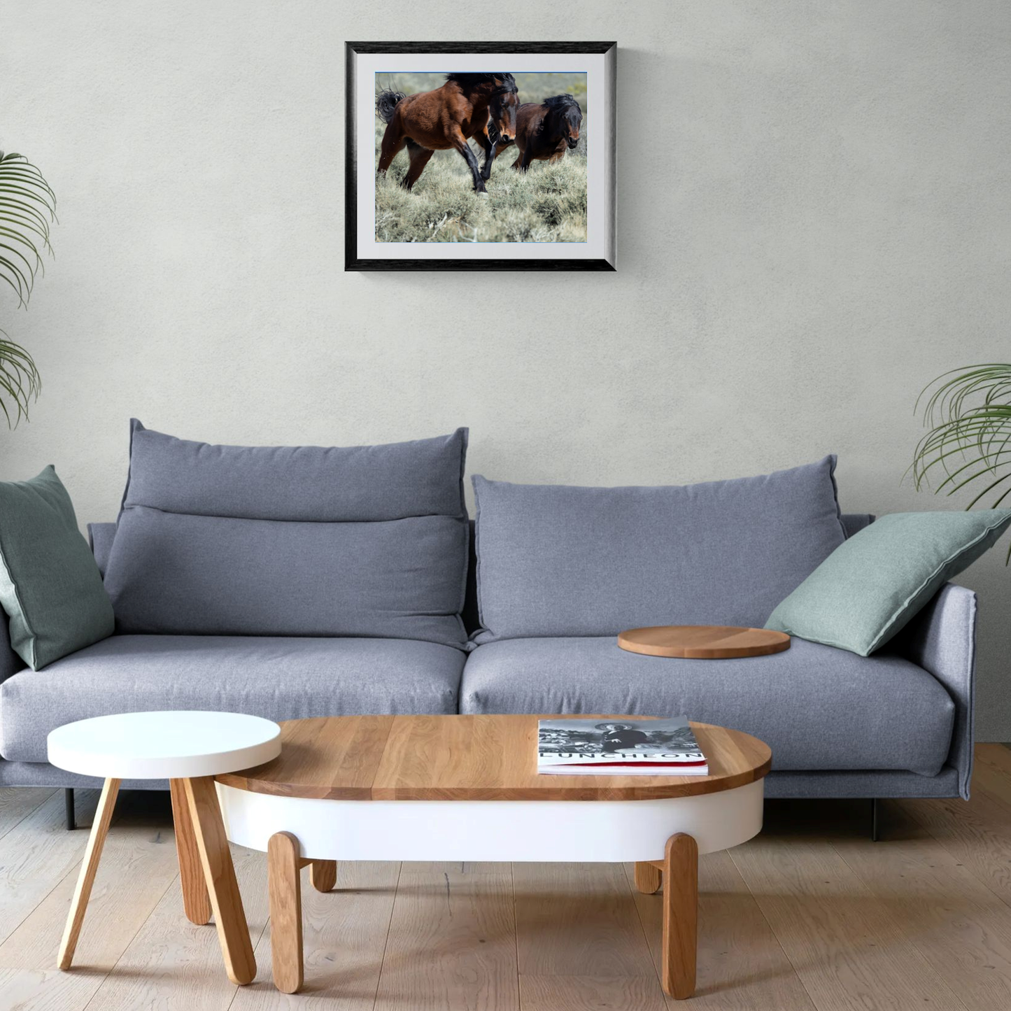 A large-format fine art photography print of running wild mustangs, presented in a black frame with a crisp white gallery mat. The artwork is centered on a light neutral living room wall directly above a modern gray couch.