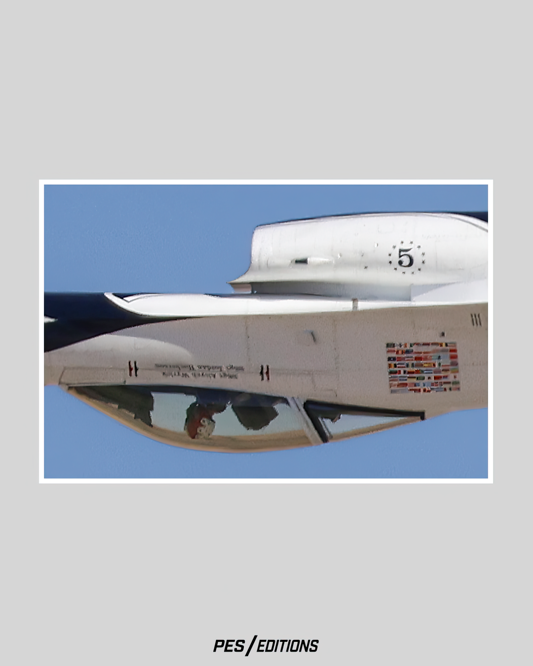 Extreme close-up of the inverted Thunderbird #5 cockpit during an airshow. The high-resolution detail reveals the pilot's helmet, the inverted number 5, and the flag decals on the intake, highlighting the sharpness of the metallic fine art print.