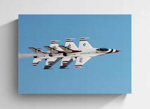 Echelon Alpha limited edition high-gloss metal art print by Phil Schmauder for PES Editions, featuring a rare modified 3-ship F-16 echelon formation pass by the U.S. Air Force Thunderbirds against a crisp sky.