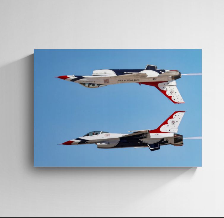 Calypso Pass premium high-gloss aluminum print by Phil Schmauder for PES Editions, capturing the USAF Thunderbirds Lead Solo F-16 flying inverted directly above the Opposing Solo, displayed as a frameless aviation metal print.