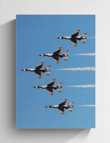 Delta Prime fine art vertical metal print by Phil Schmauder for PES Editions, showcasing a rare 5-ship F-16 Delta arrowhead formation by the USAF Thunderbirds trailing white smoke against a deep blue sky.