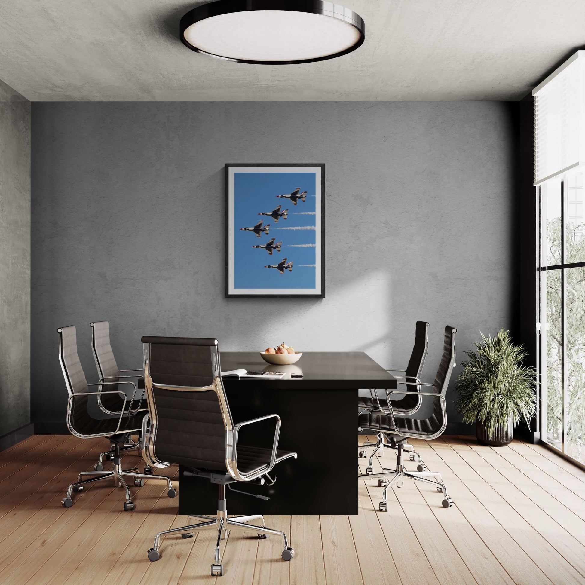 A large-scale 28x40 "Statement Edition" of the vertical "Delta Prime" print commanding a professional boardroom. The five-ship Thunderbird formation is displayed in a textured black frame on a grey concrete feature wall, highlighting its high-fidelity aerial precision and commanding presence in a luxury office environment.