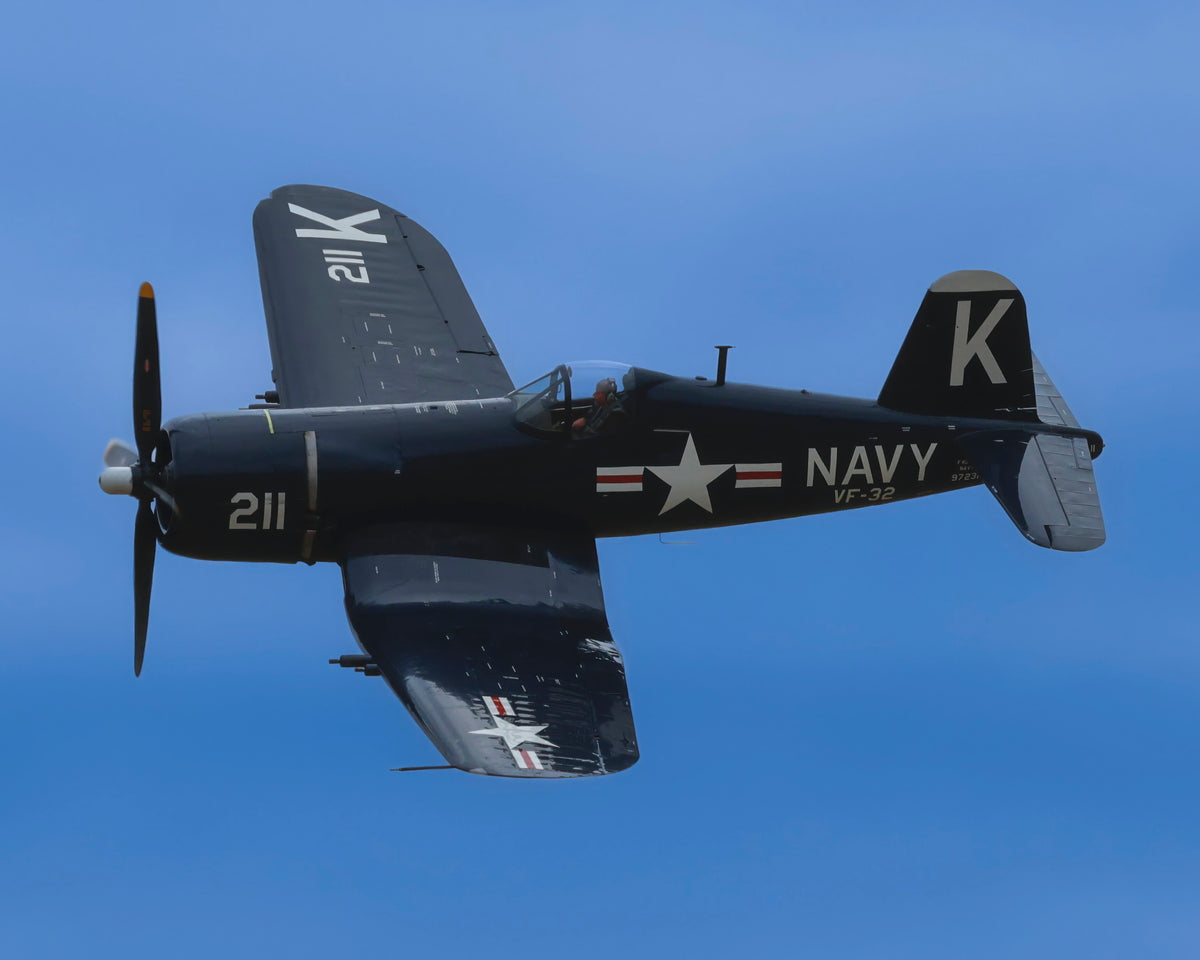 Open edition fine art print of a Vought F4U Corsair banking hard against a blue sky, fine art aviation photography by Phil Schmauder.