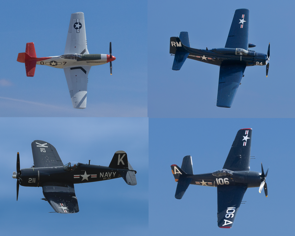 Complete 4-piece Historic Warbirds fine art print suite showcasing four iconic WWII and naval piston aircraft banking overhead: P-51D Mustang, A-1 Skyraider, F4U Corsair, and F8F Bearcat by PES Editions.