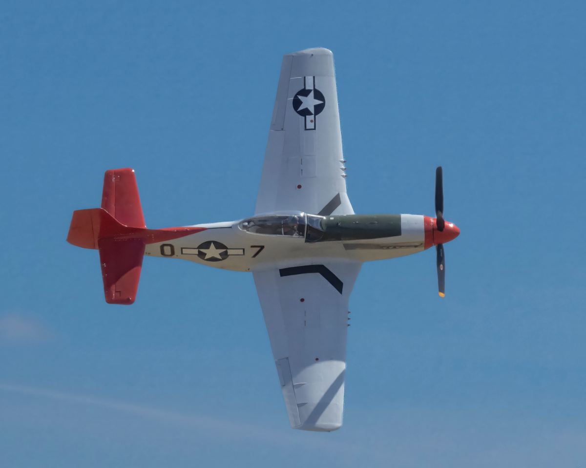 Master fine art photograph of North American P-51D Mustang NL551D in Tuskegee Airmen Red Tail tribute livery banking vertically against a clear sky.