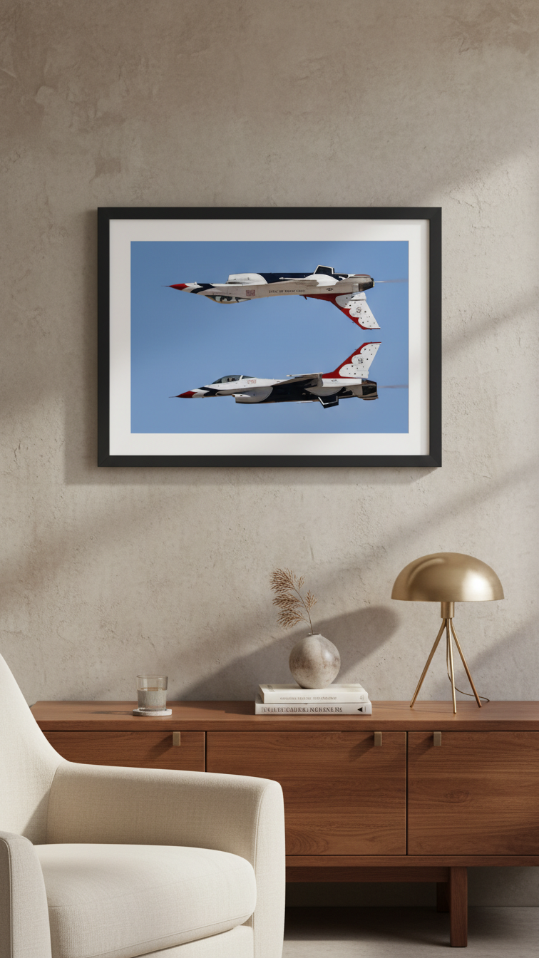 A framed horizontal print of the Calypso Pass aviation photography, showing two Thunderbirds F-16 jets with one inverted, displayed on a beige wall above a mid-century modern wooden sideboard console.