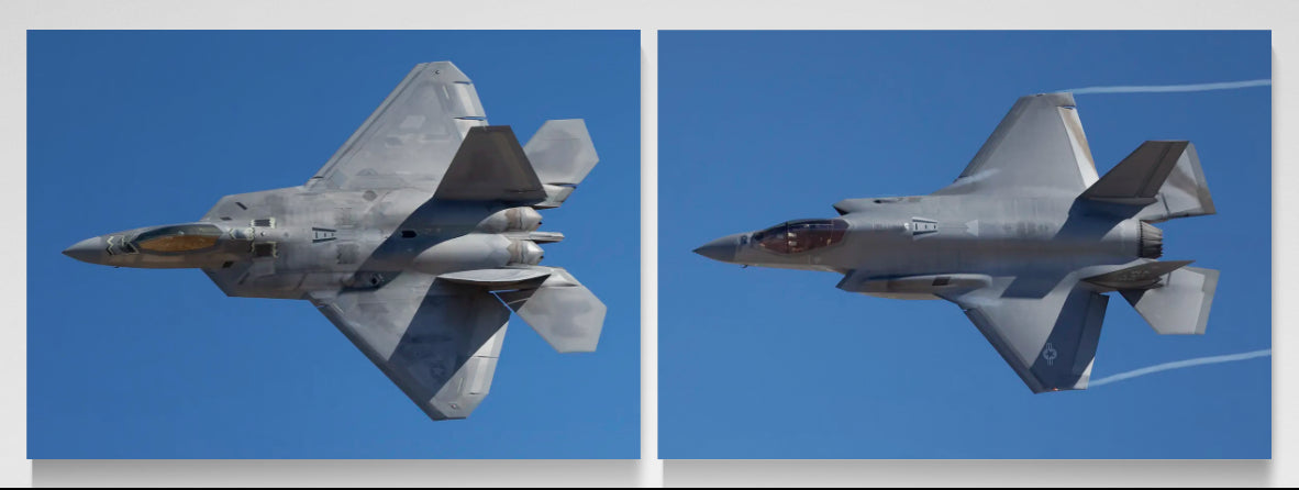 The Stealth Suite matched diptych featuring F-22A Raptor Air Dominance and F-35A Lightning II Vapor Trail on frameless HD aluminum metal prints by Phil Schmauder.