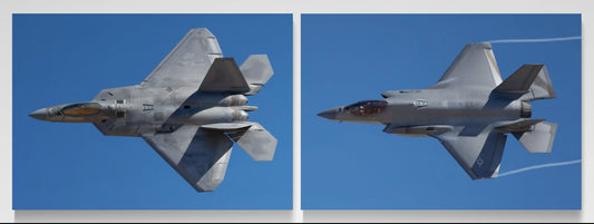 The Stealth Suite matched diptych featuring F-22A Raptor Air Dominance and F-35A Lightning II Vapor Trail on frameless HD aluminum metal prints by Phil Schmauder.