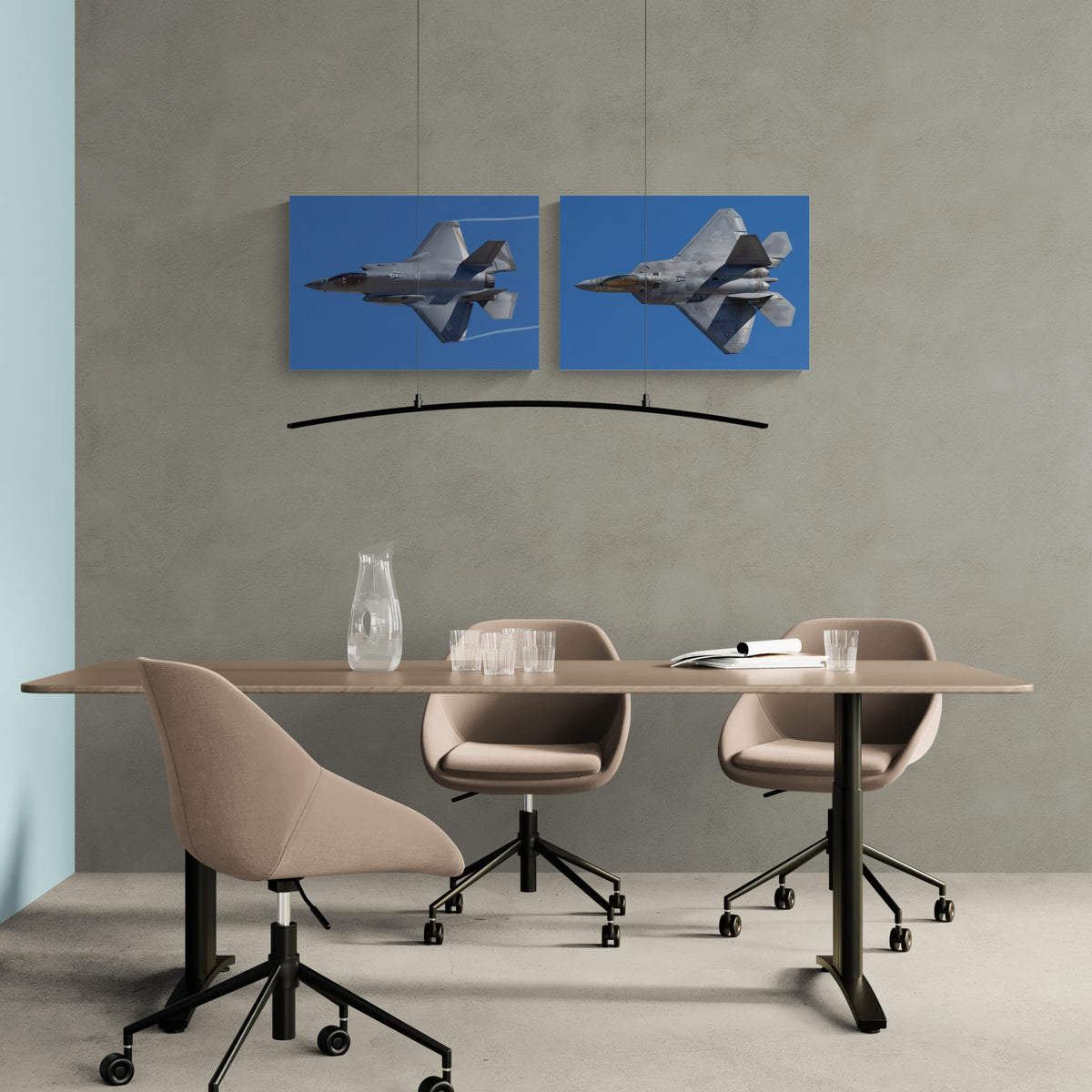 Gallery edition 30x21 inch Stealth Suite matched diptych metal prints mounted horizontally above a minimalist conference table and modern chairs.