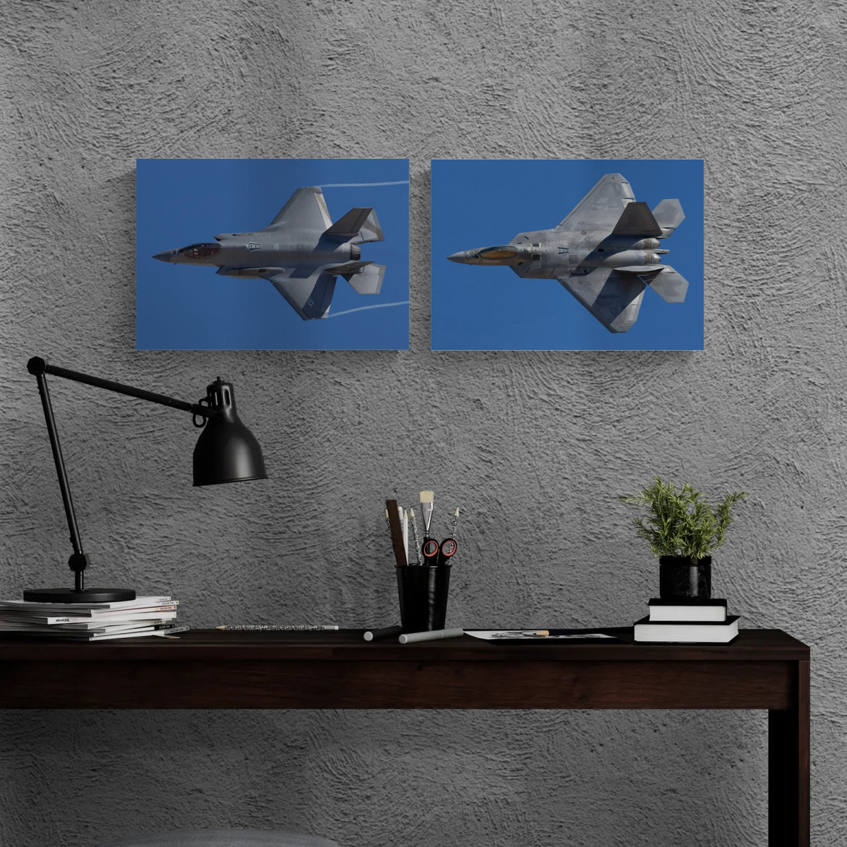 Standard edition 20x14 inch Stealth Suite matched diptych metal prints hanging side by side over a modern home office study desk on textured wall.