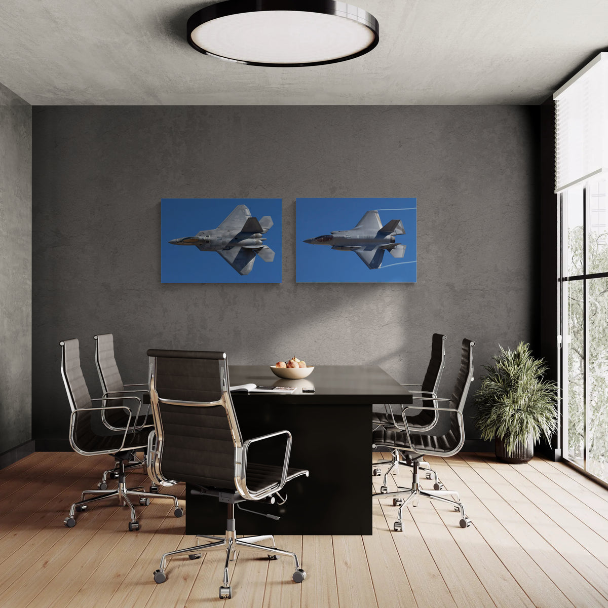 Statement edition 40x28 inch Stealth Suite matched diptych aluminum metal prints displayed across a dark feature wall in an executive conference boardroom.